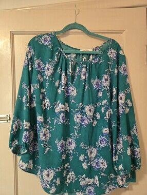 Renee C Women’s Teal Floral Peasant Blouse - Lightweight Long Sleeve Top